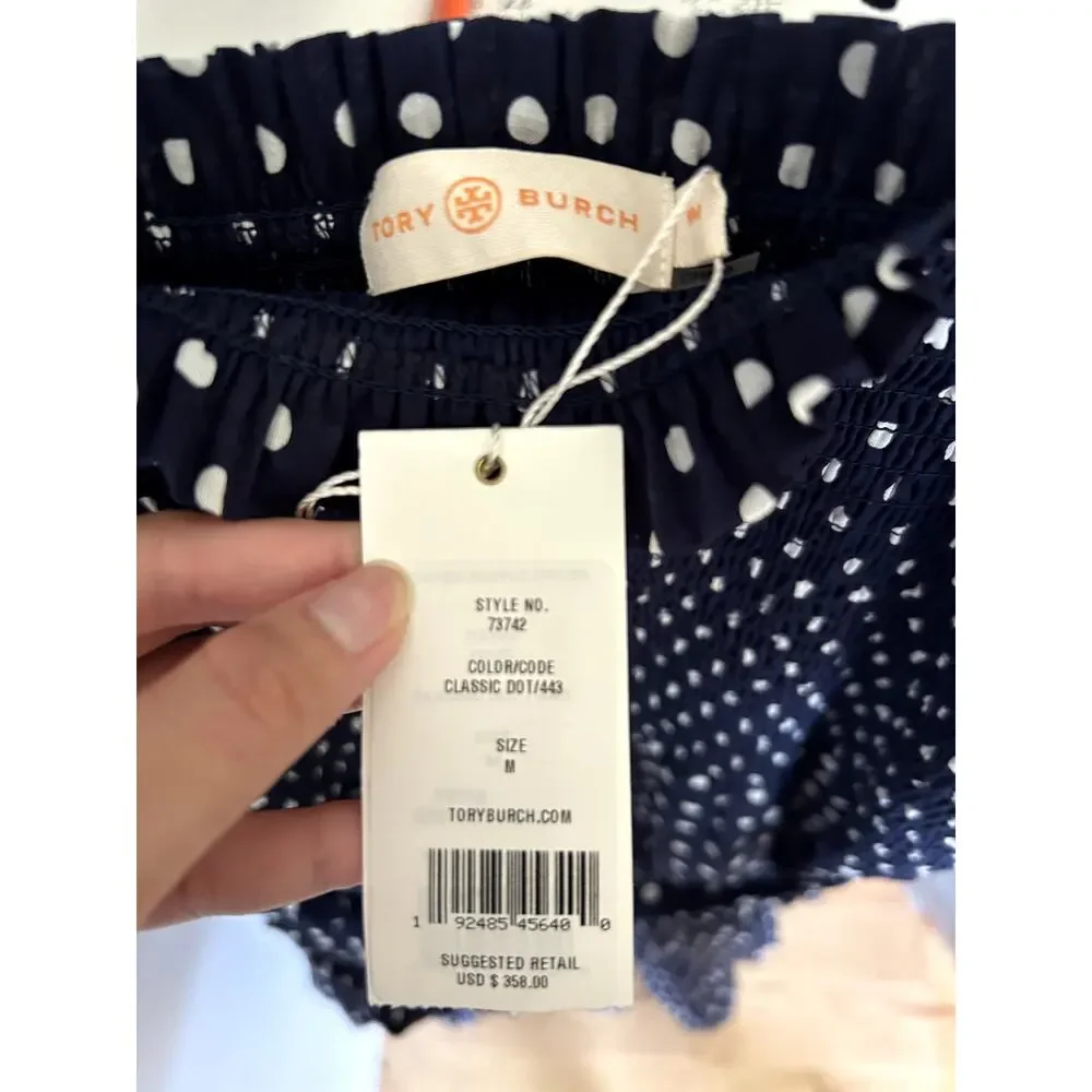 Tory Burch Printed Ruffle Dress Polka Dot Smocked Midi Navy White NWT Size M